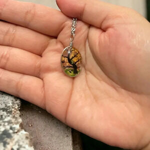 Resin Flower Pressed & Tree Oval Pendant Charm Stainless Steel Necklace